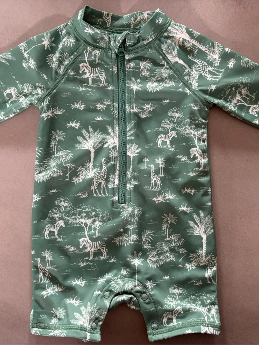 Janie and Jack Green Safari-Print Long-Sleeve Swim Romper